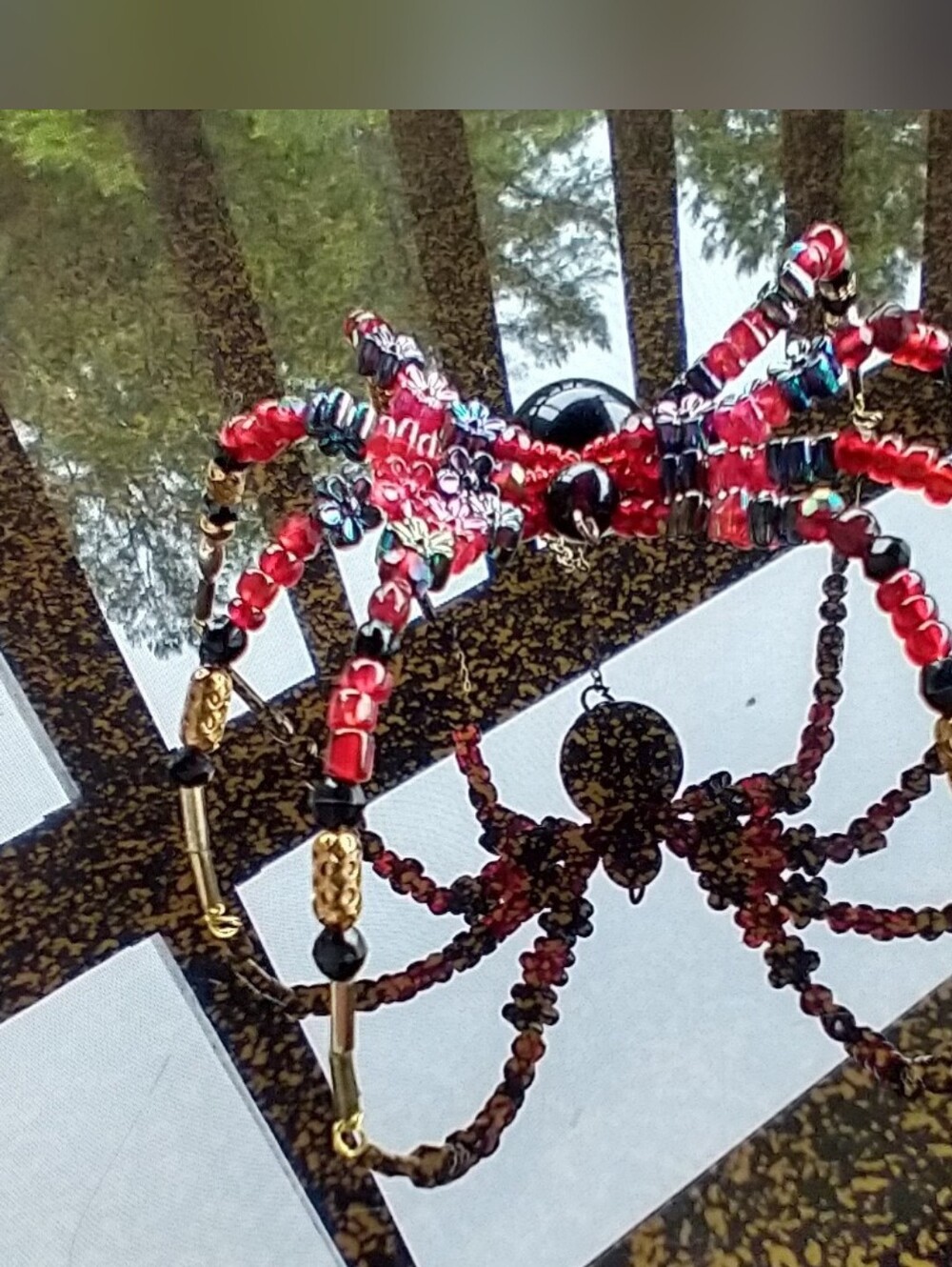 Hand Crafted • Red & Black Floral Beaded Spider Pendant - Picture 14 of 16